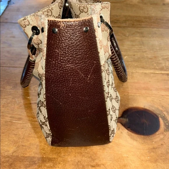 Gucci GG Canvas Tote Bag Brown Beige Leather Handles Classic Authentic - Picture 5 of 12